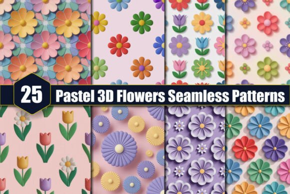 25 Pastel 3D Flowers Seamless Patterns
