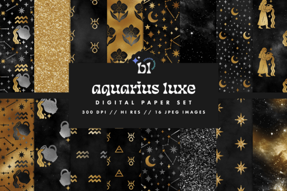 Black Gold Aquarius Zodiac Patterns: Elevating Digital Design with Celestial Aesthetics